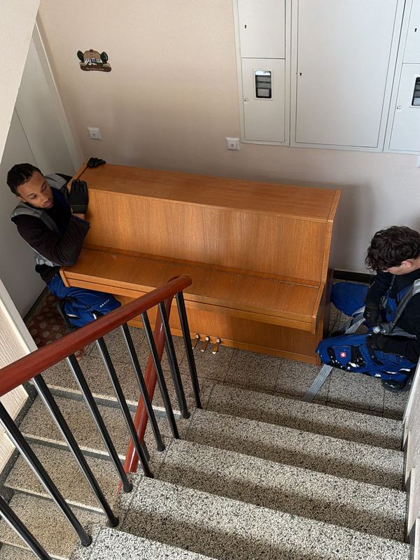 Zwei Kollegen tragen ein Klavier mit Tragegurten eine Treppe abwärts