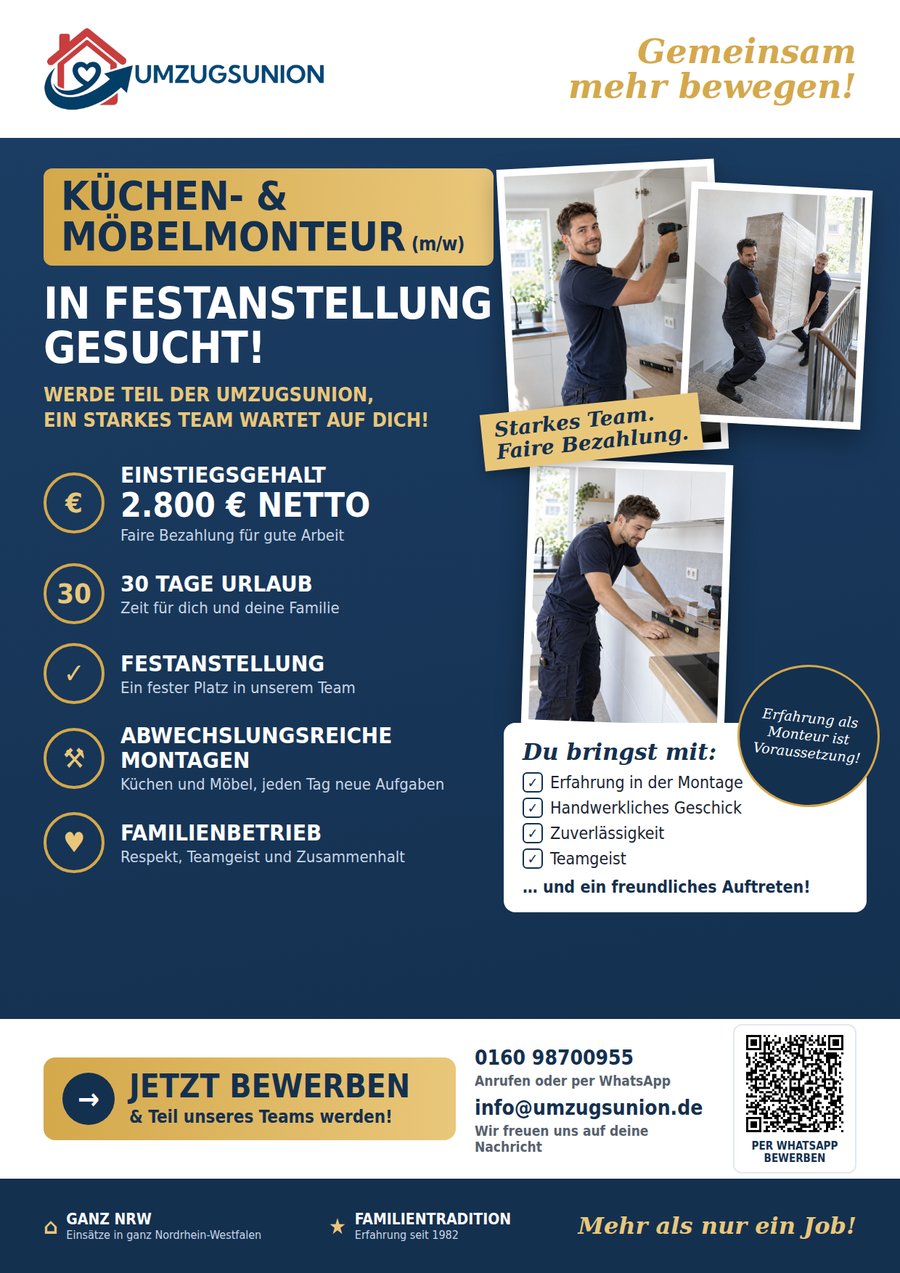 Flyer mit der Stellenanzeige für Küchen- und Möbelmonteure: Festanstellung, Familienbetrieb und Bewerbung per WhatsApp